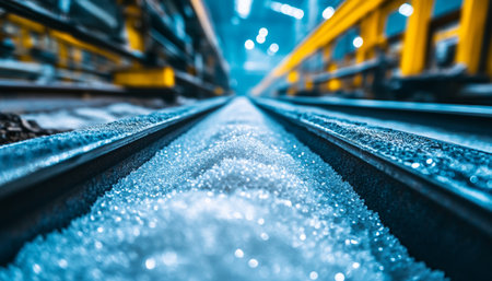 White Granular Substance on Conveyor Belt Inside a Processing or Manufacturing Facilityの素材