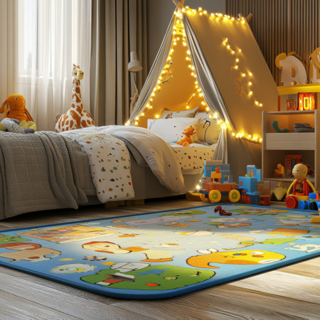 Childs Playful Bedroom With Canopy Tent, String Lights, Plush Toys, and Educational Play Matの素材