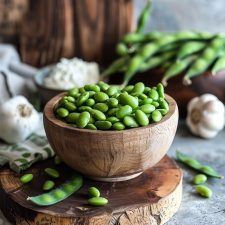Fresh Green Edamame Beans in Rustic Wooden Bowl, Healthy Snack or Ingredient Photographyの素材