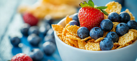 Cornflakes Breakfast Cereal With Strawberries And Blueberries In A Bowl, Healthy Food On The Desk.の素材