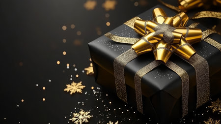 Black gift box with a gold bow on dark background, with sparkling holiday festive theme decorations.の素材