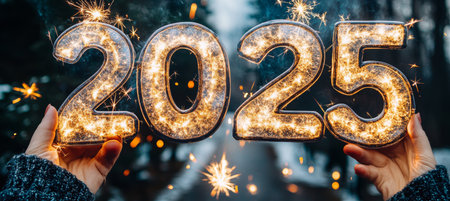 Celebrating the New Year 2025 Shining Numbers Sparkle Against a Festive Winter Lights Backgroundの素材