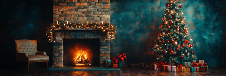 Christmas Interior Background, Decorated Fireplace And Christmas Tree, Presents, Blue Wallの素材