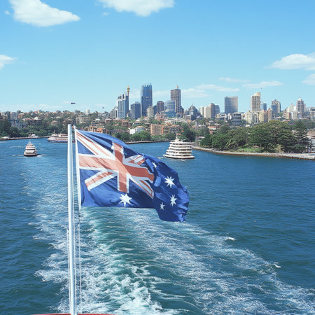 Scenic Sydney Harbour Australian Flag Waving, City Skyline, and Ferries, Vibrant Tourismの素材
