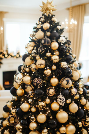 Luxurious black Christmas tree decorated with gold ornaments, Celebrating Christmas in style.の素材