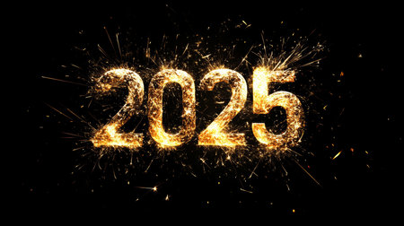2025 New Year celebration sparkling design. Gold glittering numbers on black background.の素材