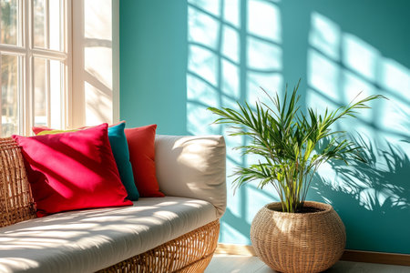 Sunlit Interior. Cozy Living Room with Rattan Sofa, Colorful Pillows, and Green Plant in Wicker Potの素材