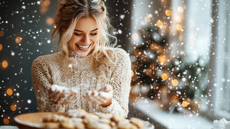 Holiday Baking Bliss, Woman Sprinkles Flour on Christmas Cookies, Joyful Holiday Preparationsの素材