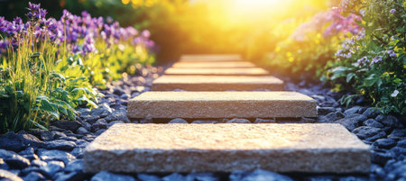 Tranquil Stone Garden Path Bathed in Golden Sunset Light, Leading to Peace and Relaxationの素材