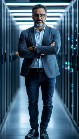 Confident IT Engineer Standing in a Modern Data Center with Crossed Arms, Server Room Technologyの素材
