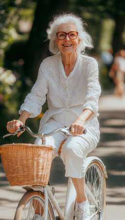 Senior Woman Cycling in Park Enjoying Her Active And Healthy Lifestyle, Positive Aging Concept.の素材