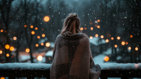 Woman in Warm Blanket Enjoying Snowy Landscape with Blurry Christmas Lights, Winter Wonderland Sceneの素材