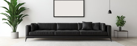Modern Minimalist Living Room Interior with Black Sofa, Indoor Plants, Blank Frame Mockupの素材