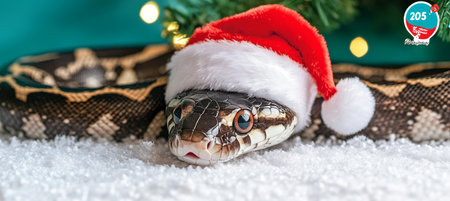 Adorable Snake Wearing Santa Hat on Christmas Background Symbol of Year 2025 in Chinese Calendarの素材