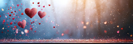 Romantic Red Hearts Background Design For Valentines Day, with Sparkling Lights in Magical Forestの素材