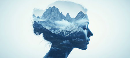 Serene Mountain Woman. Double Exposure Portrait Symbolizing The Fusion Of Nature And Inner Peace.の素材