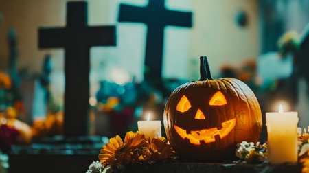 Illuminated Jack-o-Lantern with Flowers in a Cemetery, Adding Festive Spirit to a Solemn Settingの素材