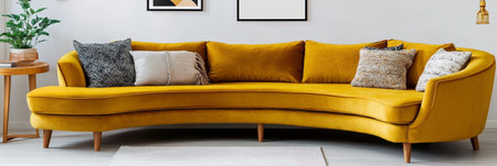 Stylish Yellow Velvet Sofa in a Modern Living Room Interior Design and Home Decor Trends.の素材
