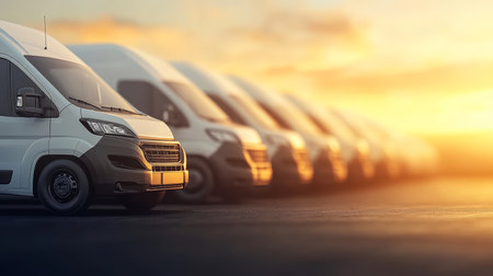 Fleet Of White Delivery Vans Parked In A Row At Sunset. Logistics, Transportation Industry.の素材