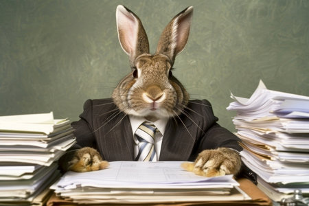 A Stressed Business Rabbit Drowning in Paperwork at his Office Desk, Feeling Overwhelmed.の素材