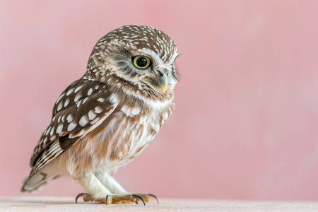 Little Owl Perched on a Wooden Surface, Looking Right, Profile View. Light Pink Backgroundの素材