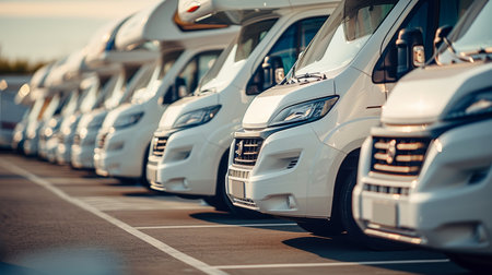 Row of New White Class B Camper Vans Parked in a Straight Line at Dealership Lot, RV Salesの素材