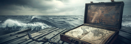 Vintage Suitcase with Open Antique Map, Overlooking a Stormy Ocean, Concept of Adventureの素材