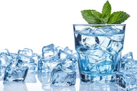 Cool and Refreshing Vibrant Blue Cocktail with Ice and Mint Garnish, Isolated on White Backgroundの素材
