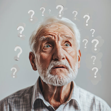 Confused Senior Man Looking Upward, Surrounded by Question Marks on a Gray Backgroundの素材