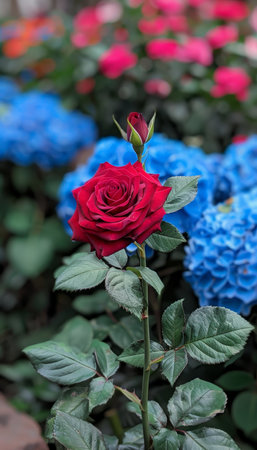 Blooming Red Rose Amidst Blue Hydrangea Buds Contrasting Floral Stages In Vibrant Gardenの素材