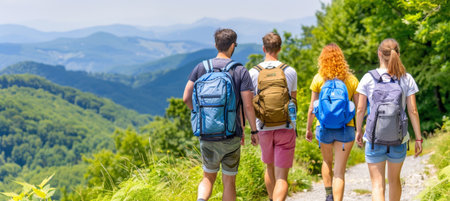 Group Of Young Friends Hiking On Mountain Trail, Enjoying Scenic Summer Landscape Viewsの素材
