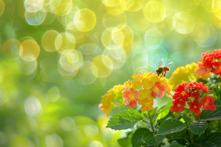 Honeybee On Blooming Yellow And Red Flowers With Green Leaves In Blurred Bokeh Backgroundの素材