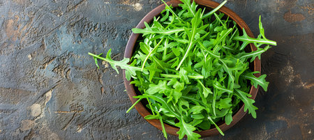 Fresh Green Arugula Salad Heap in Wooden Bowl on Dark Rustic Background, Top View, Copy Spaceの素材
