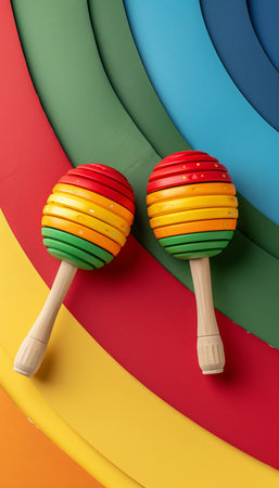 Pair of Colorful Maracas on a Vibrant Rainbow Background, Celebrating Hispanic Heritageの素材