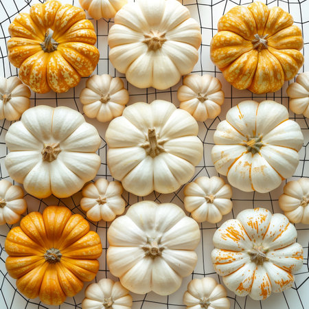White, Yellow, and Orange Pumpkins Arranged on a Geometric Background, Autumn Harvest Conceptの素材