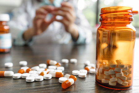 Prescription Pills Spilled from an Orange Bottle on a Wooden Table, Healthcare Conceptの素材
