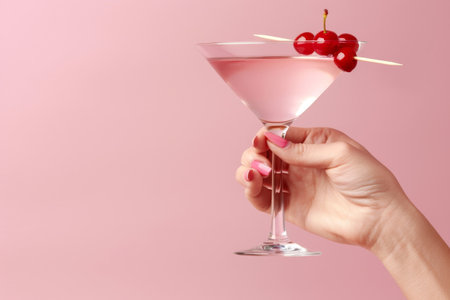 Womans Hand With Pink Manicure Holding Glass With Pink Cocktail And Cherries On Pink Backgroundの素材