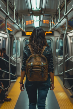 Woman With Backpack Walking On Public Transportation,Subway Station,Travel Lifestyle,Modern Commuterの素材