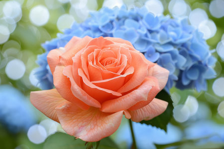 Vibrant Orange Rose in Bloom, Paired With Blue Hydrangeas and a Soft-Focus Backgroundの素材
