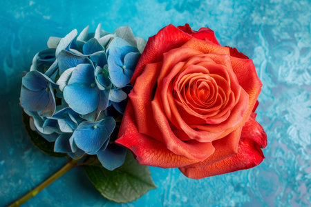 Vibrant Orange Rose and Blue Hydrangea on a Textured Azure Background, Floral Contrastの素材
