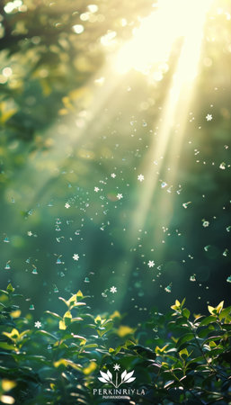 Sunbeams, Rain, And Lush Greenery A Magical Forest Scene With Sunlight Streaming Through The Treesの素材