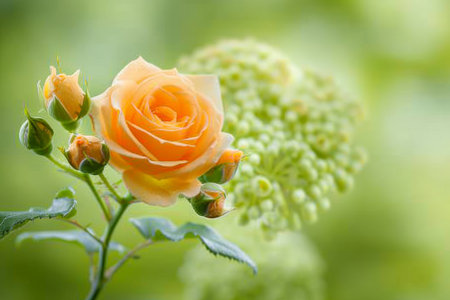 Blooming Beauty A Single Peach Rose in Full Bloom Contrasts with Closed Hydrangea Budsの素材