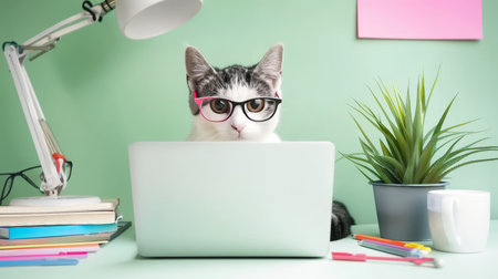 Cat in Reading Glasses with Laptop on Light Green Background. Business Concept, Remote Workの素材