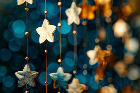 Gold and Silver Star Ornaments Hanging on Strings, Festive Holiday Background With Bokeh Lightsの素材