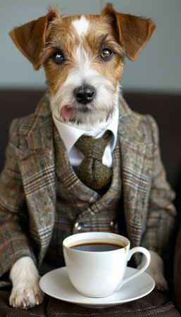 Sophisticated Pet Portrait Small Dog in a Three Piece Tweed Suit Enjoys Cup of Coffeeの素材