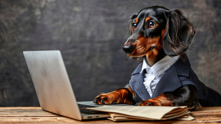 Dapper dachshund wearing shirt and blazer focused on laptop, tail wagging, papers on wooden table.の素材