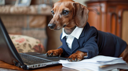 Dapper Dachshund Dog in a Suit Working Remotely on a Laptop with Tail Wagging Enthusiasm.の素材