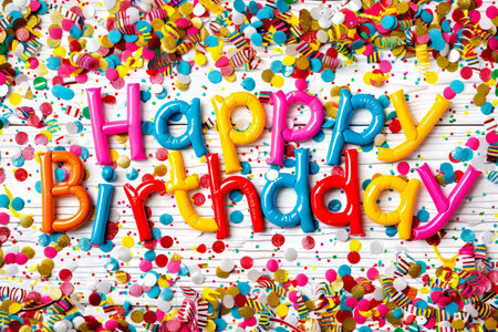 Happy Birthday. Colorful greeting card with inscription from plasticine on white wooden backgroundの素材