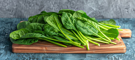 Fresh, Vibrant Green Spinach Leaves on a Rustic Wooden Cutting Board, Perfect for Healthy Recipesの素材