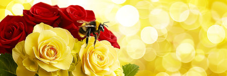 Bumblebee Gathering Pollen From A Bouquet of Vibrant Yellow and Red Roses With Blurred Backgroundの素材